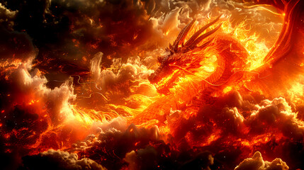 A fiery dragon burning among thick clouds of smoke. Mythical creature. Fictional world. - obrazy, fototapety, plakaty