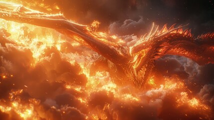 A fiery dragon burning among thick clouds of smoke. Mythical creature. Fictional world.