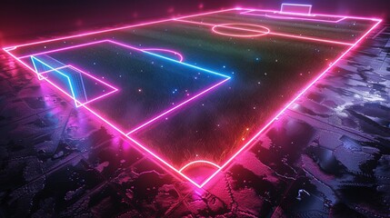 A vibrant 3D render of glowing neon soccer field on a black background