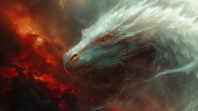 A majestic white dragon in the sky was fiery red. Mythical creature. Fictional world.
