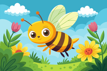 A cute bee is flying over a meadow