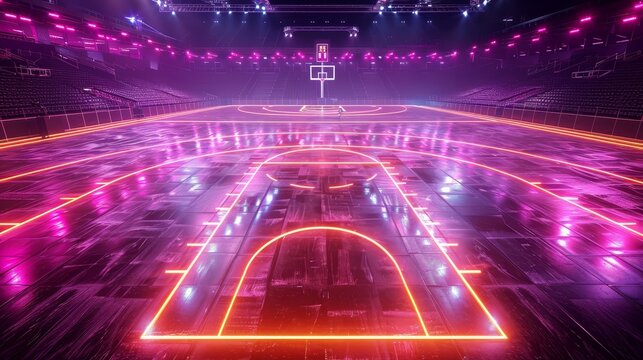An electrifying 3D render of glowing neon basketball court on a black background