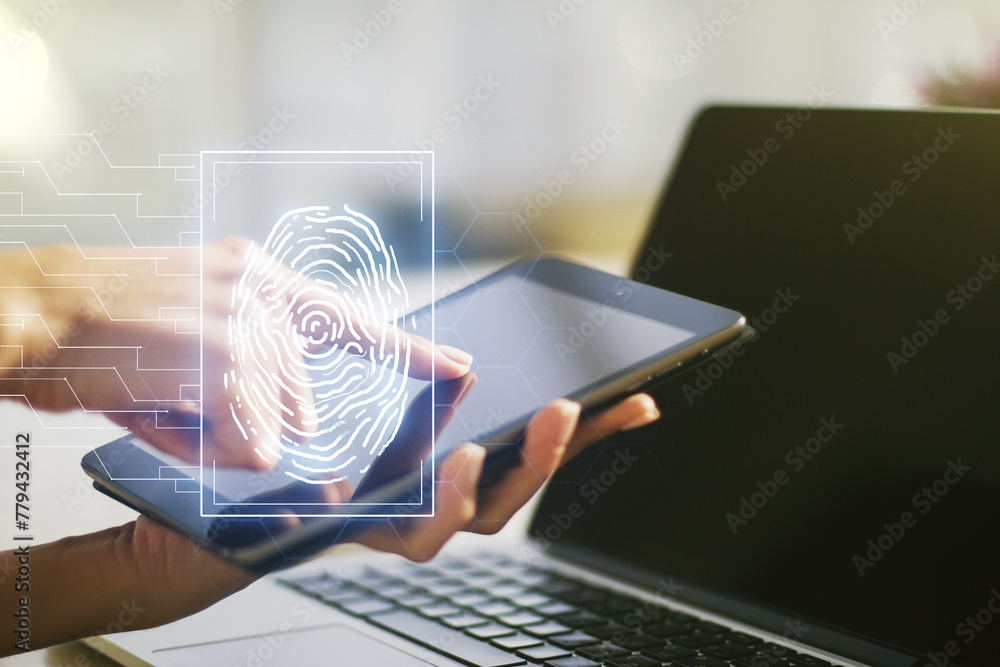 Poster multi exposure of abstract creative fingerprint illustration with finger presses on a digital tablet