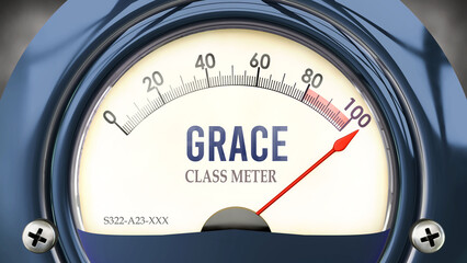 Grace and Class Meter that is hitting a full scale, showing a very high level of grace, overload of it, too much of it. Maximum value, off the charts.  ,3d illustration