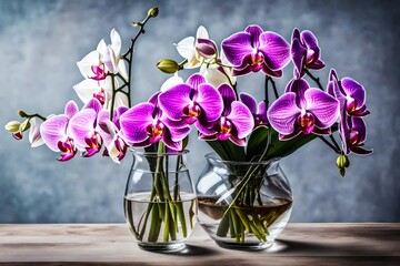 A creative arrangement with a bunch of orchids in a modern glass vase