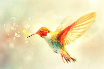 Artistic Rendering of a Hummingbird in Flight with Pastel Background