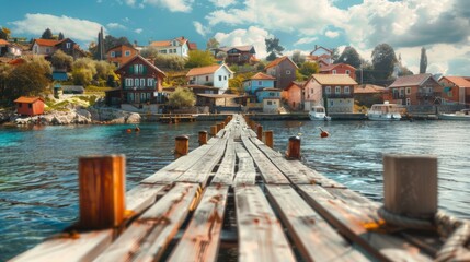 Wooden pier leading to a charming seaside village with a wooden platform background - obrazy, fototapety, plakaty