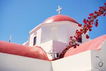 Stunning red flowers sprawled before a standout red-roofed Greek Orthodox Church in the Old Town of Mykonos, Greece
