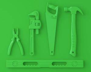Top view of monochrome construction tools for repair on multicolor background