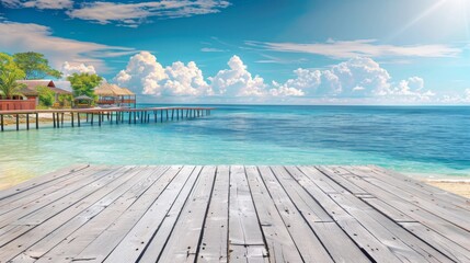 Fototapeta premium Wooden pier leading to a charming seaside village with a wooden platform background