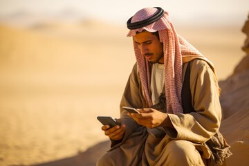 Glimpse of tradition and modernity as a Bedouin youth, dressed in pastel browns, checks his smartphone amidst the timeless backdrop of the desert sands - obrazy, fototapety, plakaty