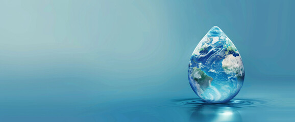 A drop of water with the Earth inside, against a blue background, concept for World Water Day and environment protection