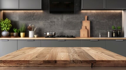 Wooden platform with kitchen background