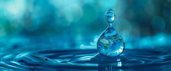 A drop of water with the Earth inside, against a blue background, concept for World Water Day and environment protection