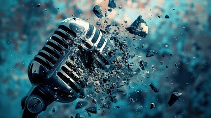Old microphone surrounded by broken glass