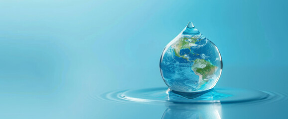 A drop of water with the Earth inside, against a blue background, concept for World Water Day and environment protection