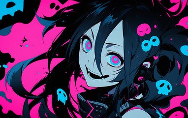 Crazy demon cyberpunk anime girl  zombie digital painting. woman evil dark Halloween theme. generative ai	