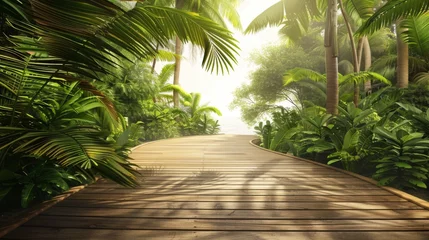Poster Wooden walkway winding through a tropical paradise with a wooden platform background © Photock Agency