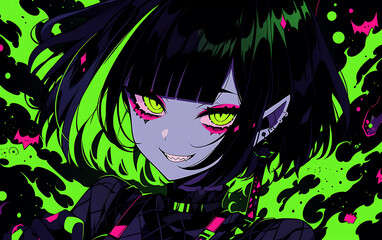 Naklejka premium Crazy demon cyberpunk anime girl zombie digital painting. woman evil dark Halloween theme. generative ai 