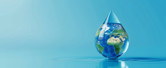 A drop of water with the Earth inside, against a blue background, concept for World Water Day and environment protection
