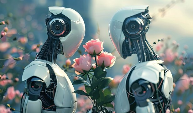 Two robots standing in a field of flowers