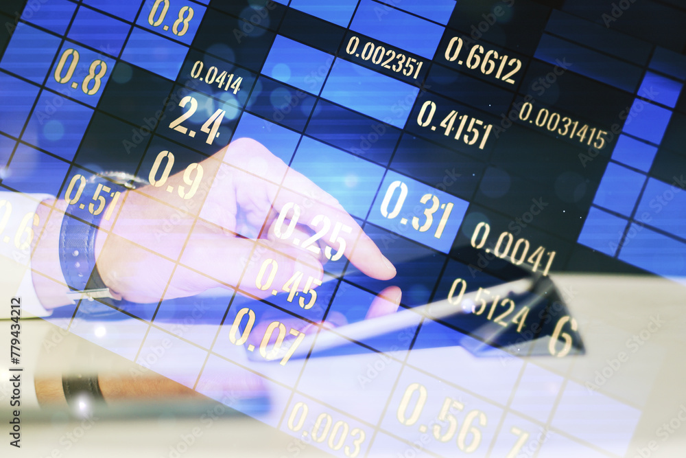Poster multi exposure of stats data illustration with finger presses on a digital tablet on background, com