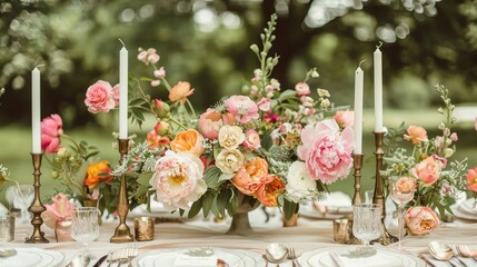 Obraz premium A charming and whimsical composition with peonies and roses as the focal point AI generated illustration