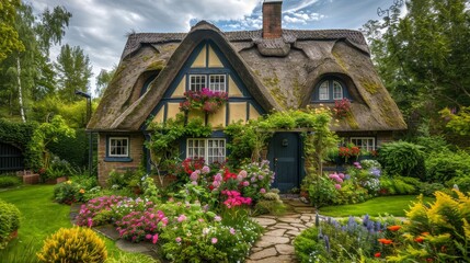 Fototapeta na wymiar A charming cottage with a thatched roof and flower-filled garden AI generated illustration