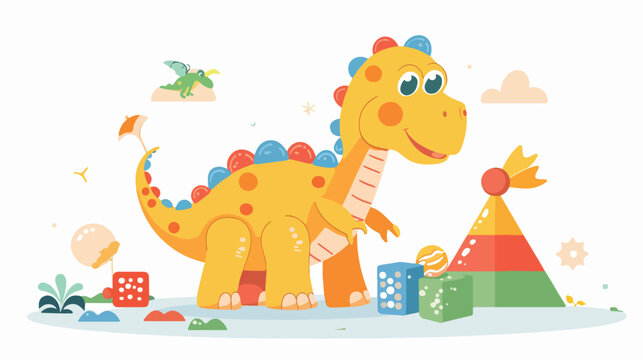 Little dinosaur playing with toys in vector flat vector