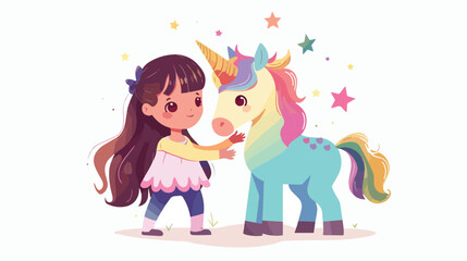 Obraz na płótnie Canvas Little girl stroking a unicorn. Cartoon vector 