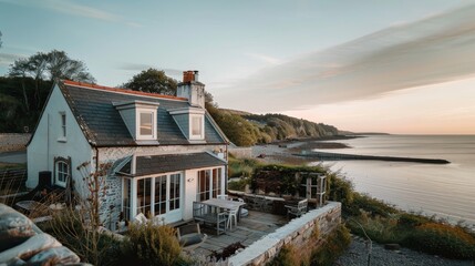 A charming seaside cottage overlooking the ocean   AI generated illustration - obrazy, fototapety, plakaty