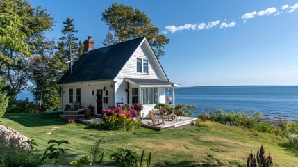 Fototapeta na wymiar A charming seaside cottage overlooking the ocean AI generated illustration