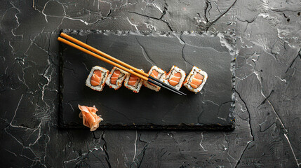Delicious sushi set on black stone board with chopsticks background. Japanese cuisine. Sushi and rolls set over dark background. seafood. Restaurant menu. Top view, flat lay