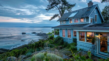 A charming seaside cottage overlooking the ocean  AI generated illustration - obrazy, fototapety, plakaty