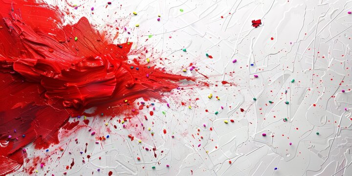 Red paint mural, delicately adorned with tiny colorful confetti on a white background.