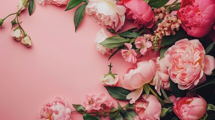 A chic and stylish layout showcasing peonies and roses on a pink backdrop   AI generated illustration
