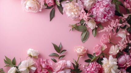 A chic and stylish layout showcasing peonies and roses on a pink backdrop  AI generated illustration