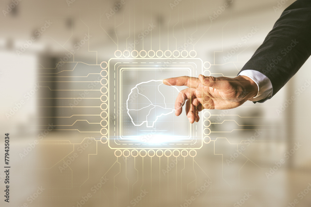 Aufkleber double exposure of man hand presses on creative artificial intelligence interface on blurred office 