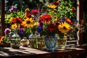 An enlargement of a glass vase filled with a variety of wildflowers sitting on a patio table in the sunlight - obrazy, fototapety, plakaty