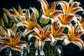 a close-up photograph showcasing the intricate features of a lily bouquet in a clear vase 