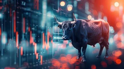 Charging Bull Symbolizes Volatile Market Conditions in Digital Financial Landscape - obrazy, fototapety, plakaty