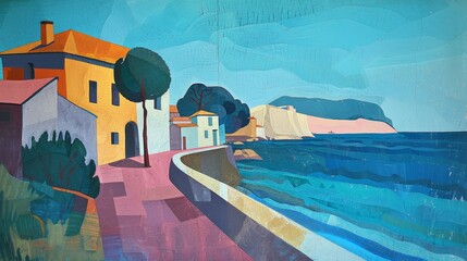 A cubist depiction of a beachfront villa   AI generated illustration - obrazy, fototapety, plakaty