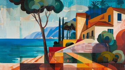 A cubist depiction of a beachfront villa   AI generated illustration
