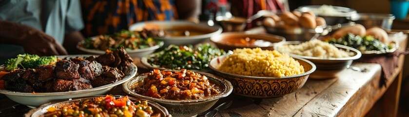 A Kenyan homestead meal scene, with a family gathered around a table filled with dishes of ugali,...