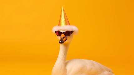 White swan in party hat and sunglasses on orange background with balloons