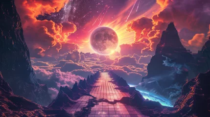 Tuinposter A synthwave landscape with an endless grid road leading to the sun, cyberpunk mountains and space in the background © wanna