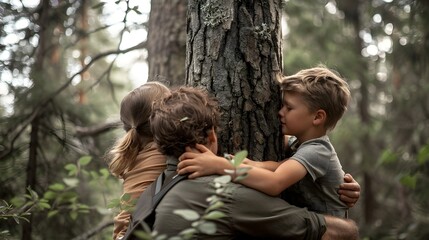 Fototapeta premium Loving Family Exploring the Enchanting Forest Together on an Adventure