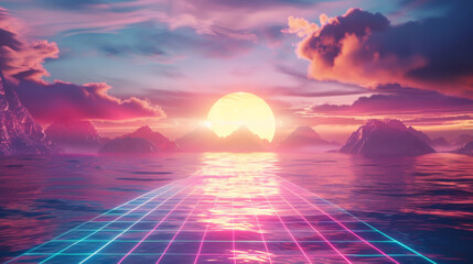 A synthwave landscape with an endless grid road leading to the sun, cyberpunk mountains and space in the background