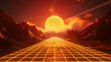 Zelfklevend Fotobehang A synthwave landscape with an endless grid road leading to the sun, cyberpunk mountains and space in the background © wanna