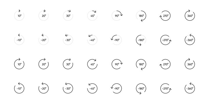 360 rotation angles icon set in flat design with elements for web site design and mobile apps. 60, 45 turn around spin signs or turn pictograms isolated. Full rotation circle.